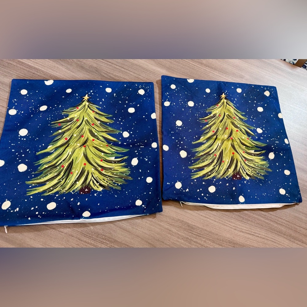 Festive Blue Pillow Covers with Christmas Tree Design- qty2- 16” x 16”